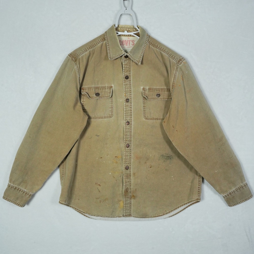 Levis Genuine Workwear Mens Large Distressed Canvas‎ Metal Button Shirt Tan